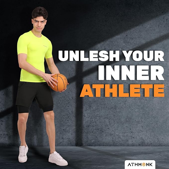 Athmonk Compression T-Shirt Vest Body Shaper Half Sleeve for Men Boys Branded - Nylon Lycra Fabric - Workout Gym Cricket Football Sports Training - Keep Dry Tight Skin Fit - Round Neck